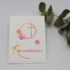 Clearance Handgemachte Kommunionskarte Mädchen – Kreuz im Kreis, rosa-pink, Aquarell, Unikat Glückwunschkarten