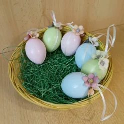 Handgemachte Ostereier 6er Set, pastellfarbene Ostereier mit Blüten und Satinband, Osterdeko zum aufhängen, Osterschmuck Osterdeko
