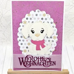 Weihnachtskarten|Kleine Schätze Handgemachte Weihnachtskarte A6 mit Hundeanhänger in Pink – Unikat & Umschlag