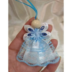 Baumschmuck|Handmade by Svetlana Handgemachter Weihnachtsengel – Blau/Weiß – zarte Spitze und Satinband