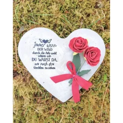 Outlet Herz aus Beton mit Schriftzug und Kunstrose Grabschmuck Trauer Grabgesteck Grabherz Gedenksteine