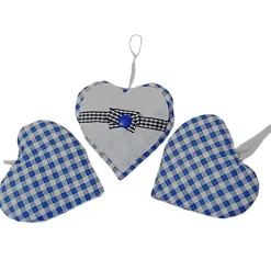 Sale Herzanhänger im 3-er Set, Stoffherzen zum aufhängen blau und weiß kariert Baumschmuck