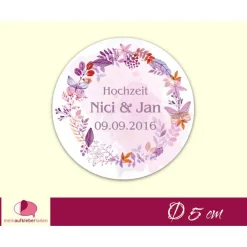 Best Hochzeitsaufkleber | Blumenkranz - mit Blättern & Schmetterlingen - flieder braun Gastgeschenke