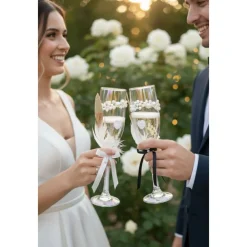 Sale Hochzeits-Champagnergläser „Love Sparkle“ – Handverzierte Sektgläser mit Perlen, AB-Schimmer & Federn im Brautpaar-Look Hochzeitsdeko