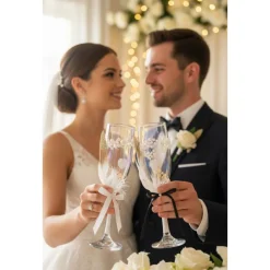 Sale Hochzeits-Champagnergläser „Love Sparkle“ – Handverzierte Sektgläser mit Perlen, AB-Schimmer & Federn im Brautpaar-Look Hochzeitsdeko