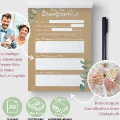 Hot Hochzeitswünsche für das Brautpaar I Hochzeitsspiel für 50 Gäste I im handlichen A5 Notizblock Format I Hochzeitsgästebuch