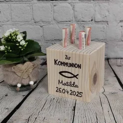 New Holz Würfel 10x10cm zur Kommunion mit Fisch Name und Datum als Deko, Geschenk, Geldgeschenk, Geld verschenken Geldgeschenke