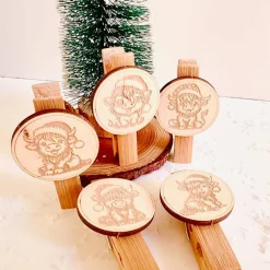 Best Holzklammer mit weihnachtlichen Highland-Cow Motiven, Wäscheklammer Bambus, Geschenkverpackungen, Geschenkanhänger Geschenkverpackungen