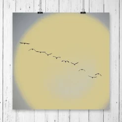 Kunst|ANNblick Fotokunst by Ann Illustration "Flug in den Sommer" // Kraniche Vögel Sonne // Grau Gelb // Geschenke für Sie // Geschenke für Ihn // 3 Größen