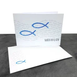 Einladungskarten|Reizvolle Karten und mehr Individuelle Einladungskarte zur Konfirmation, Kommunion oder Firmung – Design "Fische" mit Glitzereffekt