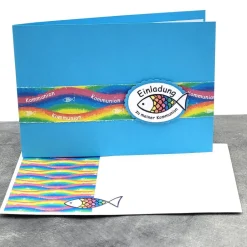 Einladungskarten|Reizvolle Karten und mehr Individuelle Einladungskarte Regenbogen Fisch zur Kommunion, Taufe, Konfirmation & Firmung