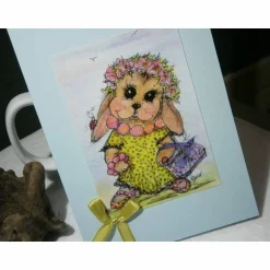 Discount Karte Ostern retro Hase Mädchen im Blütenkranz süß als Druck handgemachte Klappkarte hellblau mit Schleifchen grün Osterkarten