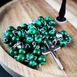 Sale katholischer Rosenkranz, Malachitperlen und Edelstahl Rosenkränze