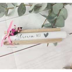 Danksagungskarten|CreativAnita Kerze - Stabkerze mit Spruch -Kollegin mit Herz, Erzieherin, Lehrerin usw. - Dekoriert mit Holz - Danke Dankegeschenk