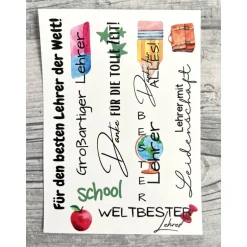 Danksagungskarten|SchoenigkeitenShop Kerzentattoo LEHRER/IN, A6, Wasserschiebefolie, Kerzenfolie, Kerzensticker, Schule