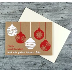 Weihnachtskarten|ZWEIFARBIG Klappkarte **5Kugeln** von Kraftpapier Weihnachtswünsche Frohe Weihnachten Grußkarte Kugeln