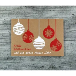 Weihnachtskarten|ZWEIFARBIG Klappkarte **5Kugeln** von Kraftpapier Weihnachtswünsche Frohe Weihnachten Grußkarte Kugeln