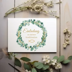 Einladungskarten|Alisas kreative Ecke Klassische Konfirmationseinladungen mit Blätterkranz, Einladung zur Konfirmation, christliche Konfirmationskarte