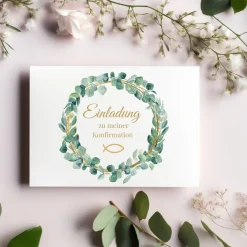 Einladungskarten|Alisas kreative Ecke Klassische Konfirmationseinladungen mit Blätterkranz, Einladung zur Konfirmation, christliche Konfirmationskarte