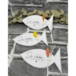 Online Kleine Aufmerksamkeit Fisch zur Taufe, Kommunion, Konfirmation, Firmung – Tischdeko & Geschenk mit Trockenblumen Gastgeschenke
