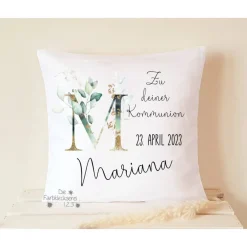 Geschenke|Die Farbkleckserei 123 Kommunion Geschenk Kissen Name personalisiert Blumenkranz