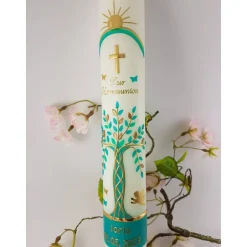 Sale Kommunionkerze Taufkerze lang Mädchen Lebensbaum grün gold Baum des Lebens Kreuz Regenbogen Name Datum individualisierba Kommunionkerzen