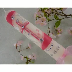 Sale Kommunionkerze Taufkerze lang Mädchen Jungen pink silber Kreuz Taube Schleife Name Datum individualisierbar 300/50 mm oder 400/40 mm Kommunionkerzen