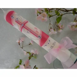 Sale Kommunionkerze Taufkerze lang Mädchen Jungen pink silber Kreuz Taube Schleife Name Datum individualisierbar 300/50 mm oder 400/40 mm Kommunionkerzen