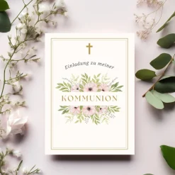 Kommunionseinladungskarten-Set 10er-Pack, florale Kommunionseinladung, blumige Einladung zur Kommunion Einladungskarten