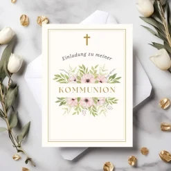 Kommunionseinladungskarten-Set 10er-Pack, florale Kommunionseinladung, blumige Einladung zur Kommunion Einladungskarten