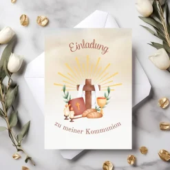 Hot Kommunionseinladungskarten 10er-Set, Kommunionseinladungen mit christlichen Symbolen, Einladung Erstkommunion Einladungskarten