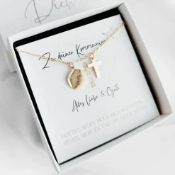 Outlet Kommunionsgeschenk Mädchen personalisiert, Halskette mit Gravur und Kreuz Anhänger aus Edelstahl Geschenke