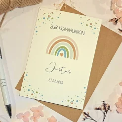 New Kommunionskarte personalisiert für Jungen – Glückwunschkarte Erstkommunion mit Name & Datum – Regenbogen Design Glückwunschkarten