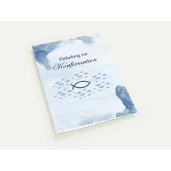 Einladungskarten|Alisas kreative Ecke Konfirmationseinladungskarte 10er-Set in Blau, Konfirmationseinladungen mit Fischsymbol, maritime Konfirmationseinladung