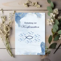 Einladungskarten|Alisas kreative Ecke Konfirmationseinladungskarte 10er-Set in Blau, Konfirmationseinladungen mit Fischsymbol, maritime Konfirmationseinladung
