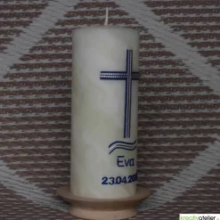 Dekoration|Kreativatelier A & V Konfirmationskerze aus Bienenwachs mit Kreuz und Wellen – Blau-Silber, handgefertigt