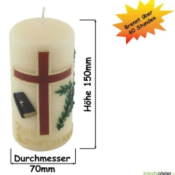 Clearance Konfirmationskerze in Elfenbein mit braunem Kreuz & Bibel – Optional mit Konfirmationsspruch Dekoration