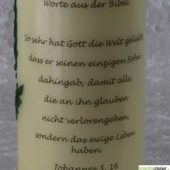 Clearance Konfirmationskerze in Elfenbein mit braunem Kreuz & Bibel – Optional mit Konfirmationsspruch Dekoration