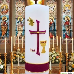 Hot Konfirmationskerze mit byzantinischem Kreuz, Taube, Wellen & Kelch – Weiß, personalisierbar Dekoration
