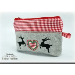 Trachtentaschen|Blinni-Fashion Kosmetiktasche,  Krims-Krams-Täschchen Oktoberfest - Hirsch & Herz, Trachten, grau-rote Tasche, Kosmetikbeutel