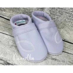 Hot Krabbelpuschen aus Leder mit Ichtys Fisch zur Taufe und Namen ab Gr. 18/19 - Lederpuschen Namens- & Taufschuhe