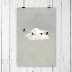 Best Kunstdruck Druck Print "Glücksvögel", Kraniche vor weißer Wolke, blau grau weiß, Glücksgeschenk Geschenke
