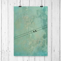 Clearance Kunstdruck "In Love", verliebtes Vogelpaar auf der Stromleitung, marmoriert, für Verliebte, Hochzeit Hochzeitsgeschenke
