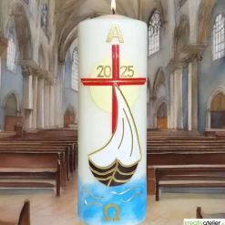 Clearance Licht der Auferstehung – Handgefertigte Osterkerze mit Kreuz, Segelschiff, Sonne, Alpha & Omega Osterkerzen