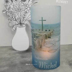 Best Lichthülle Konfirmation, Kommunion oder Firmung - Kreuz im Meer - mit individuellem Spruch Dekoration