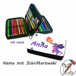 Clearance Lila Drache Federmäppchen inkl. Inhalt mit Name / personalisierbar Kinder Federmäppchen