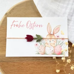 Hot Makramee Tulpen Armband „Frohe Ostern“ – Freundschaftsarmband – Ostergeschenk in Wunschfarbe & Schmuckkarte Ostergeschenke