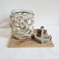 Tischdekoration|Mareenkäfer handmade Maritimes Windlicht aus Makramee und Muscheln mit einem Anker aus Beton