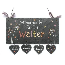Outlet Mediterranes Türschild aus Schiefer mit Pusteblumen – personalisiertes Familienschild für die Haustür Gastgeschenke