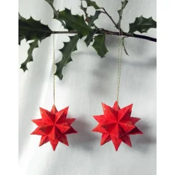 Weihnachtsdeko|Die Bunte Pforte Mini-Bascetta-Stern, ca. 6 cm, Rot, mit Goldglitzer, Baumschmuck, Weihnachtsstern, Origami Faltstern